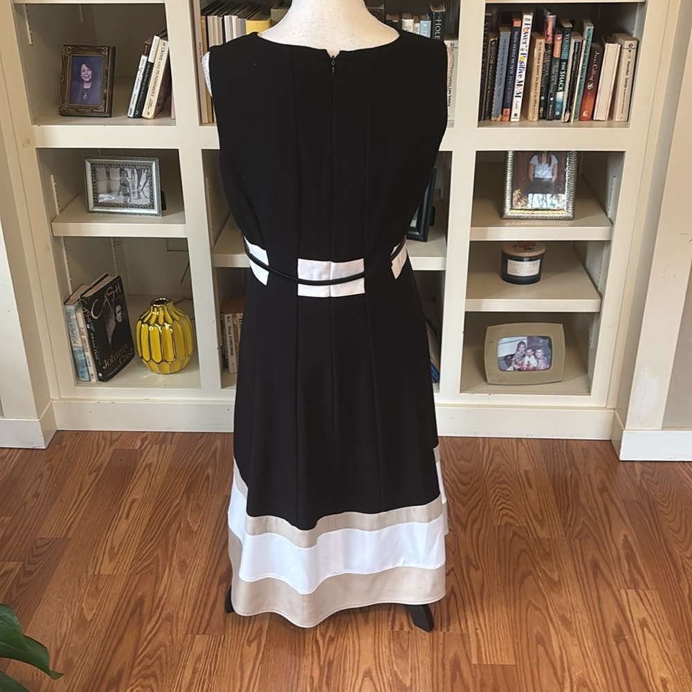 NWT Calvin Klein Black White Tan Stripe
Fit & Flare Sleeveless Dress Size 10 - Picture 4 of 12